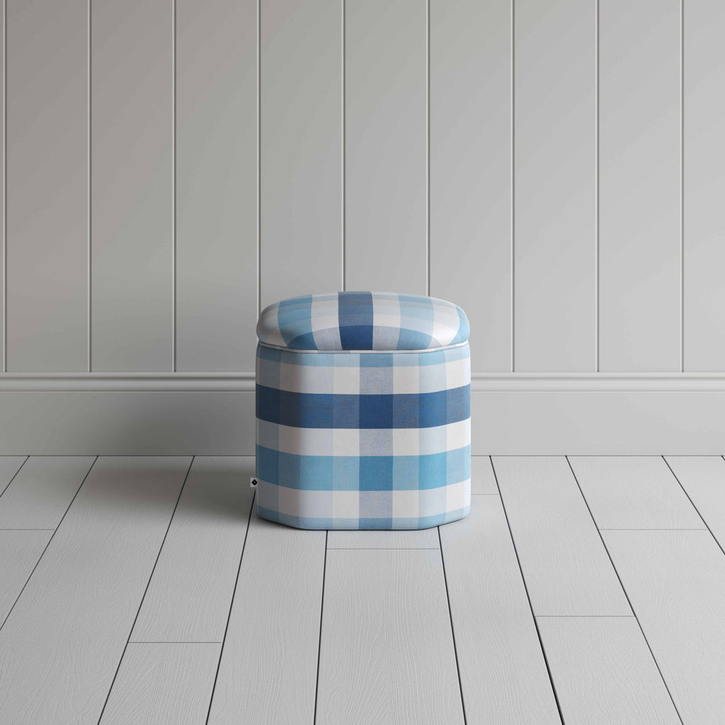 Thither Hexagonal Ottoman in Checkmate Cotton, Blue, Back View - NiX