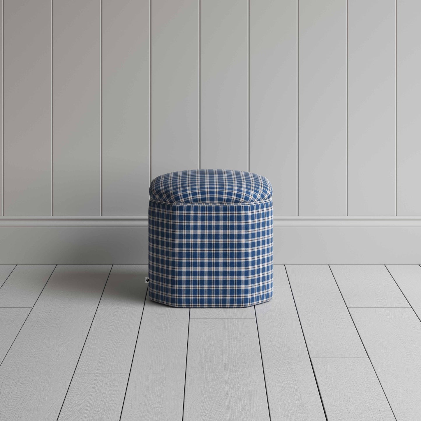 Thither Hexagonal Ottoman in Well Plaid Cotton, Blue Brown