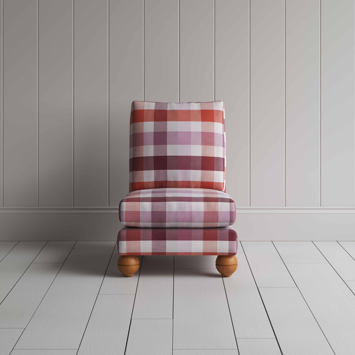 Perch Slipper Armchair in Checkmate Cotton, Berry Front-view - By NiX