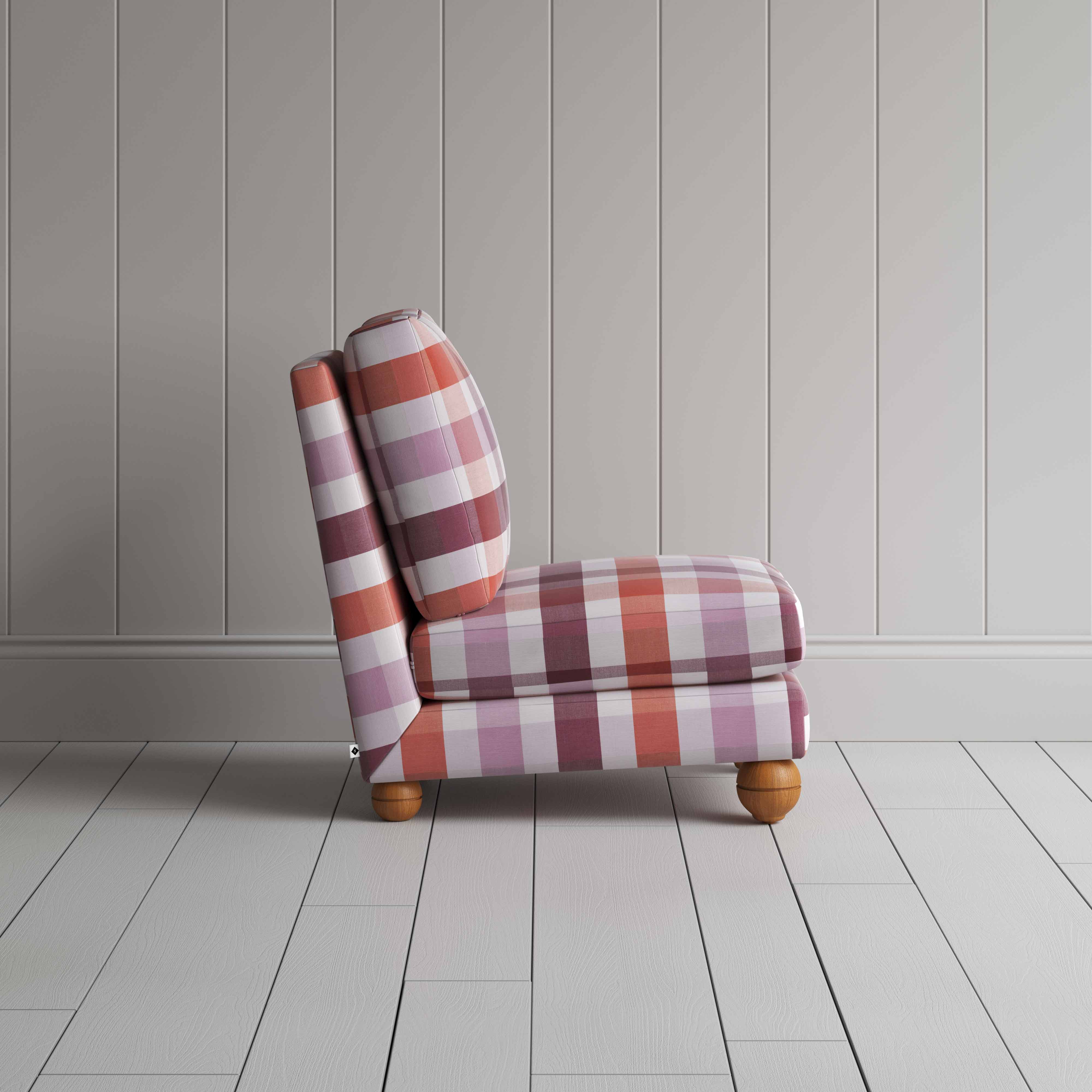 Perch Slipper Armchair in Checkmate Cotton, Berry Side View - By NiX