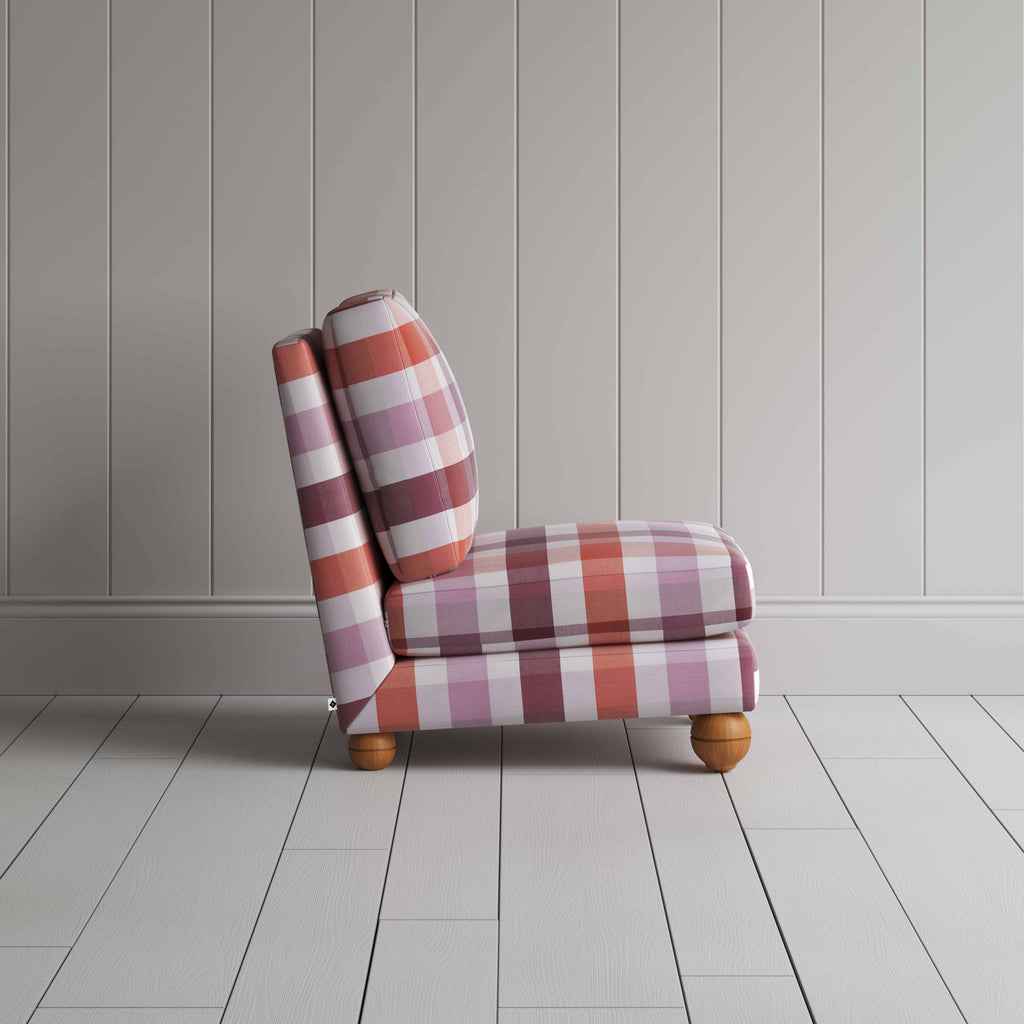 Perch Slipper Armchair in Checkmate Cotton, Berry Side View - By NiX