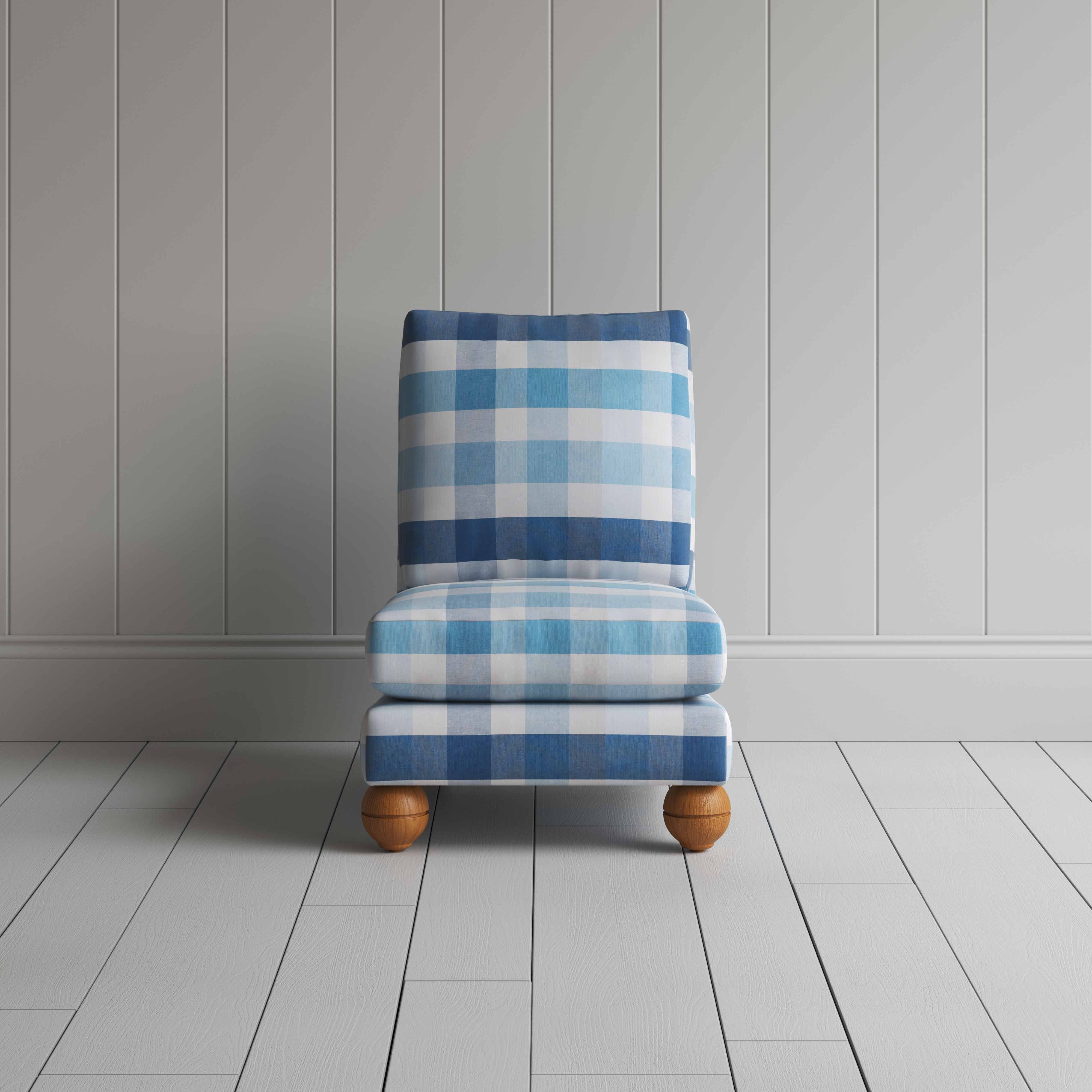 Perch Slipper Armchair in Checkmate Cotton, Blue Front-view - By NiX