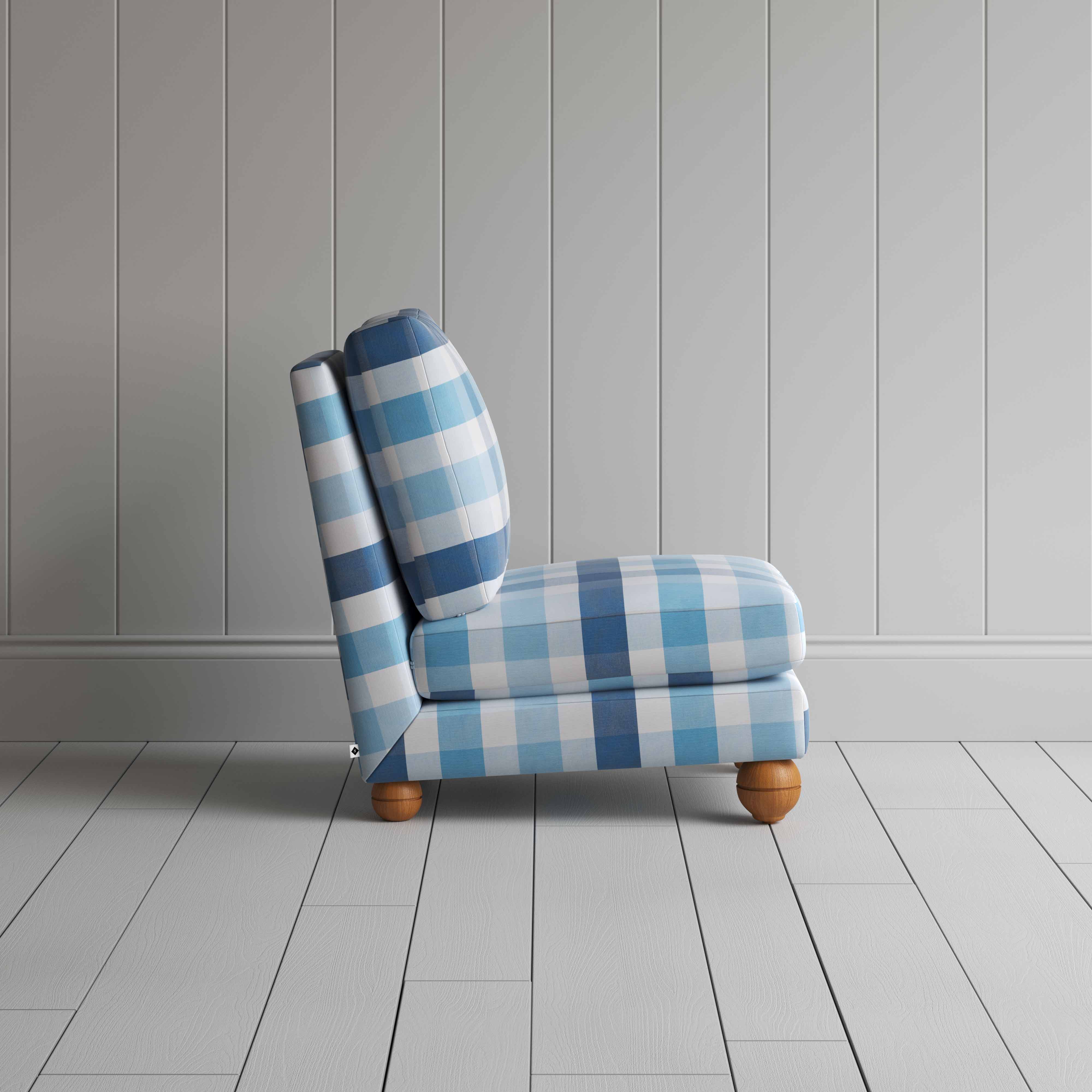Perch Slipper Armchair in Checkmate Cotton, Blue Side View - By NiX