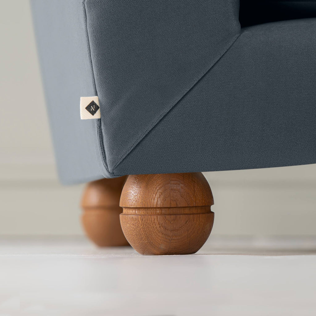 Perch Slipper Armchair in Well Plaid Frame and Intelligent Velvet Mineral Seat, With Cushion, an Ottoman, and a  Brass Base Floor Lamp With, To The Point Paper Empire Lamp Shade in Soft White with Peacock Blue Trim - Nicola Harding