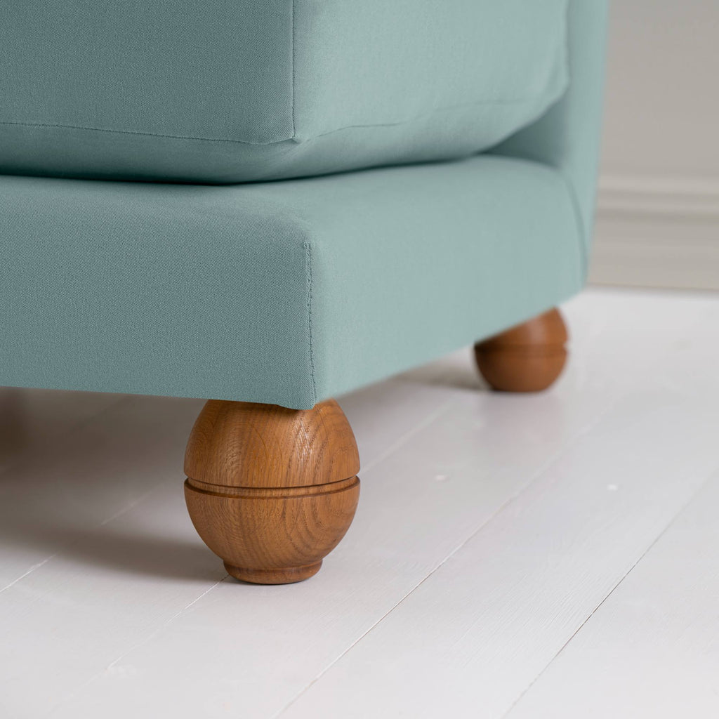 Perch Slipper Armchair in Intelligent Velvet Mineral, Front Round Wooden Foot With Edge Design Finishing Closeup - NiX