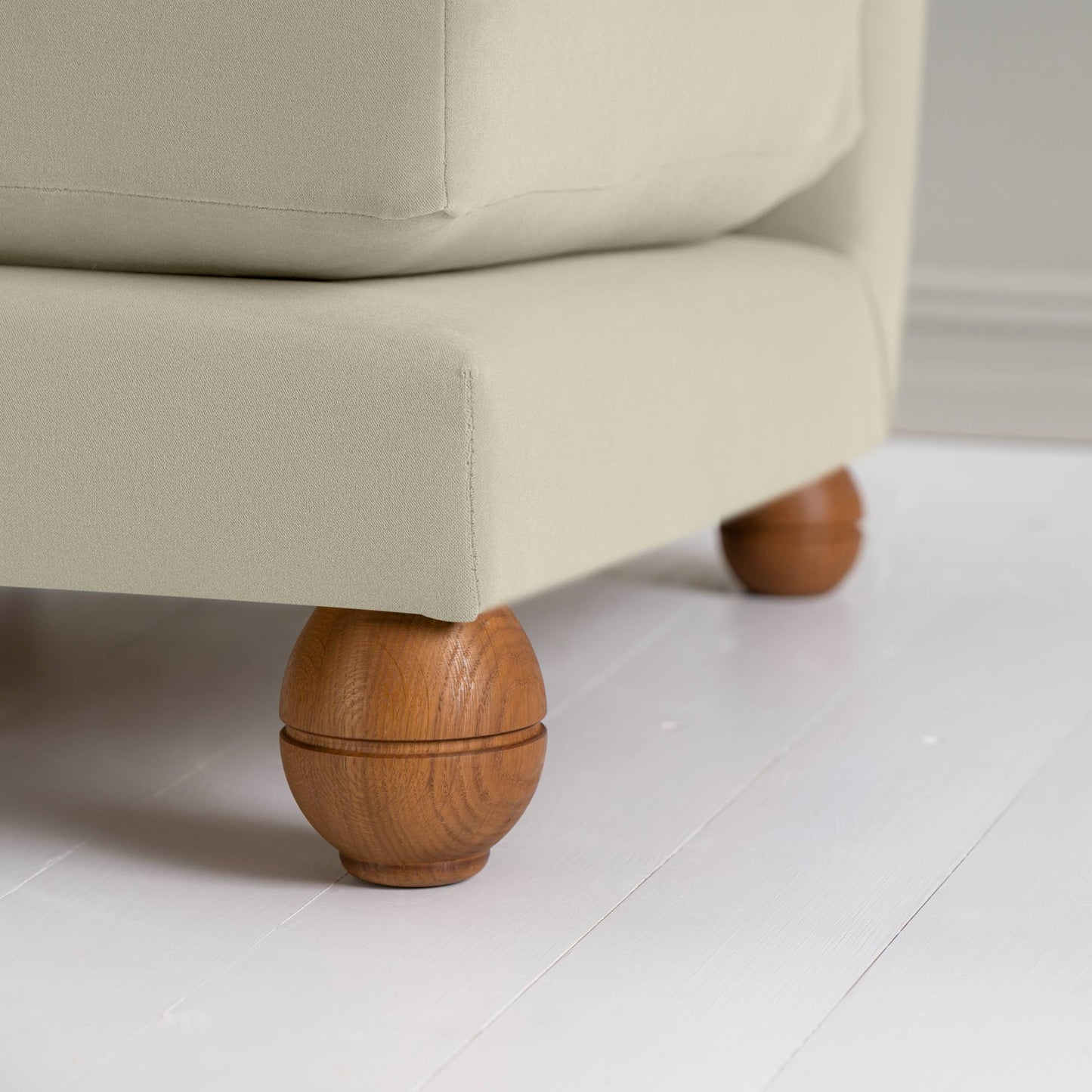 Perch Slipper Armchair in Intelligent Velvet Moonstone, Front Round Wooden Foot With Edge Design Finishing Closeup - NiX