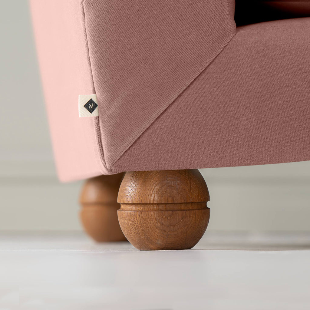 Perch Slipper Armchair in Intelligent Velvet Rose. Back Side Round Wooden Foot Closeup With NiX Special Tag