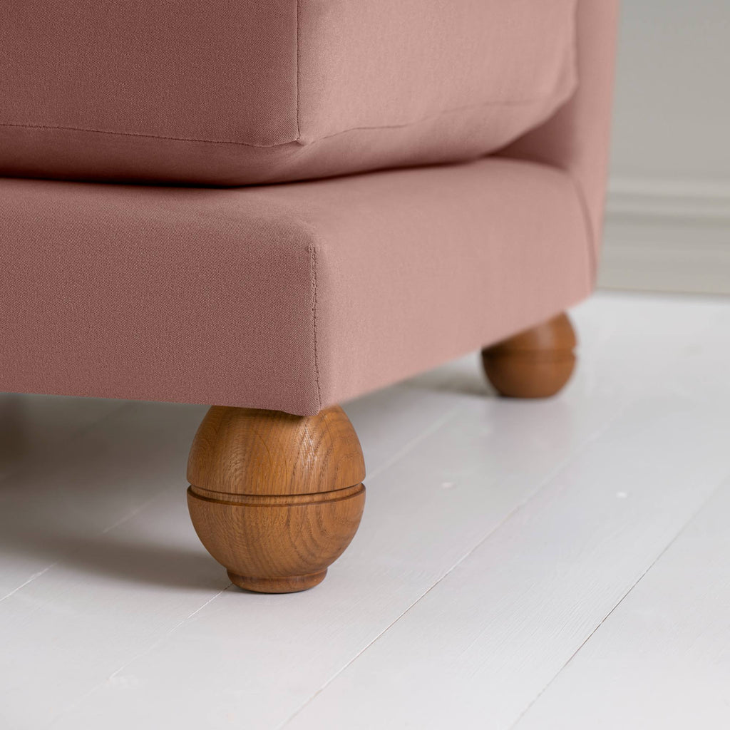 Perch Slipper Armchair in Intelligent Velvet Rose, Front Round Wooden Foot Closeup - NiX