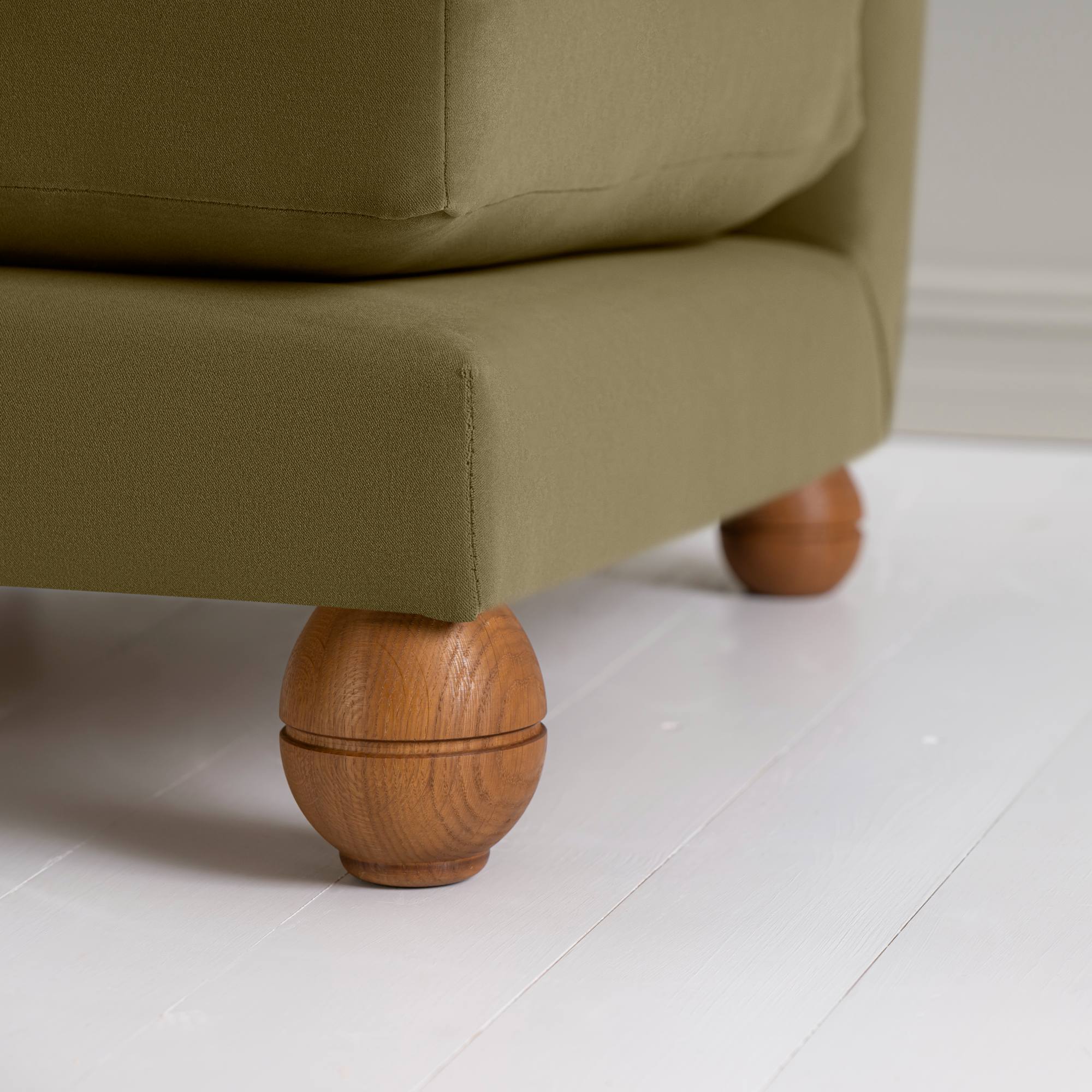 Perch Slipper Armchair in Intelligent Velvet Sepia, Front Wooden Foot Closeup - NiX