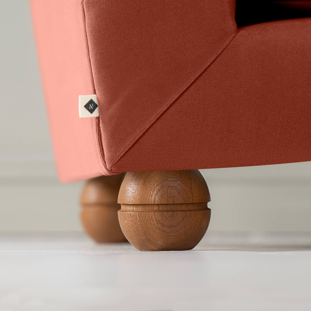 Perch Slipper Armchair in Intelligent Velvet Sienna, Back Side Round Wooden Foot Closeup With NiX Special Tag