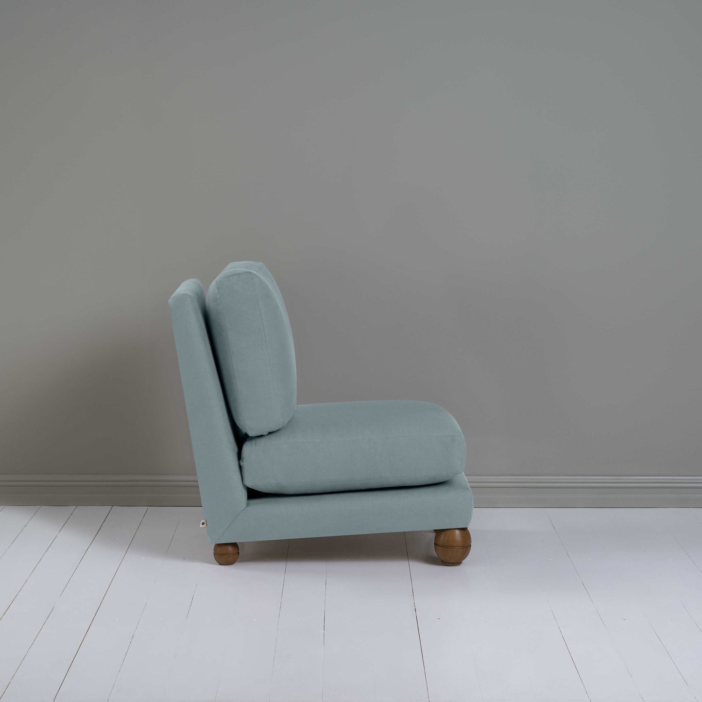 Perch Slipper Armchair in Laidback Linen Cerulean, Side View  - NiX
