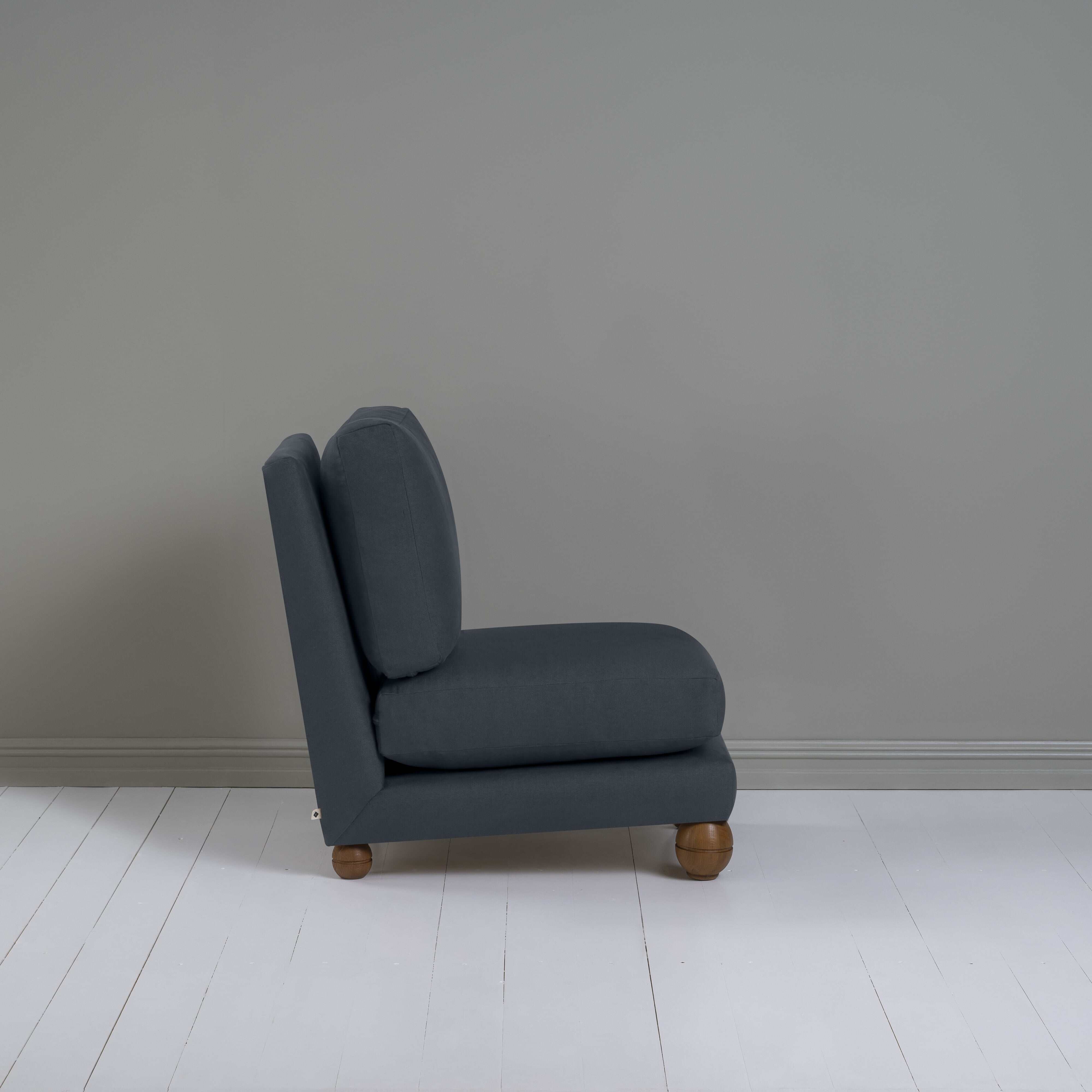 Perch Slipper Armchair in Laidback Linen Midnight, Side View - NiX