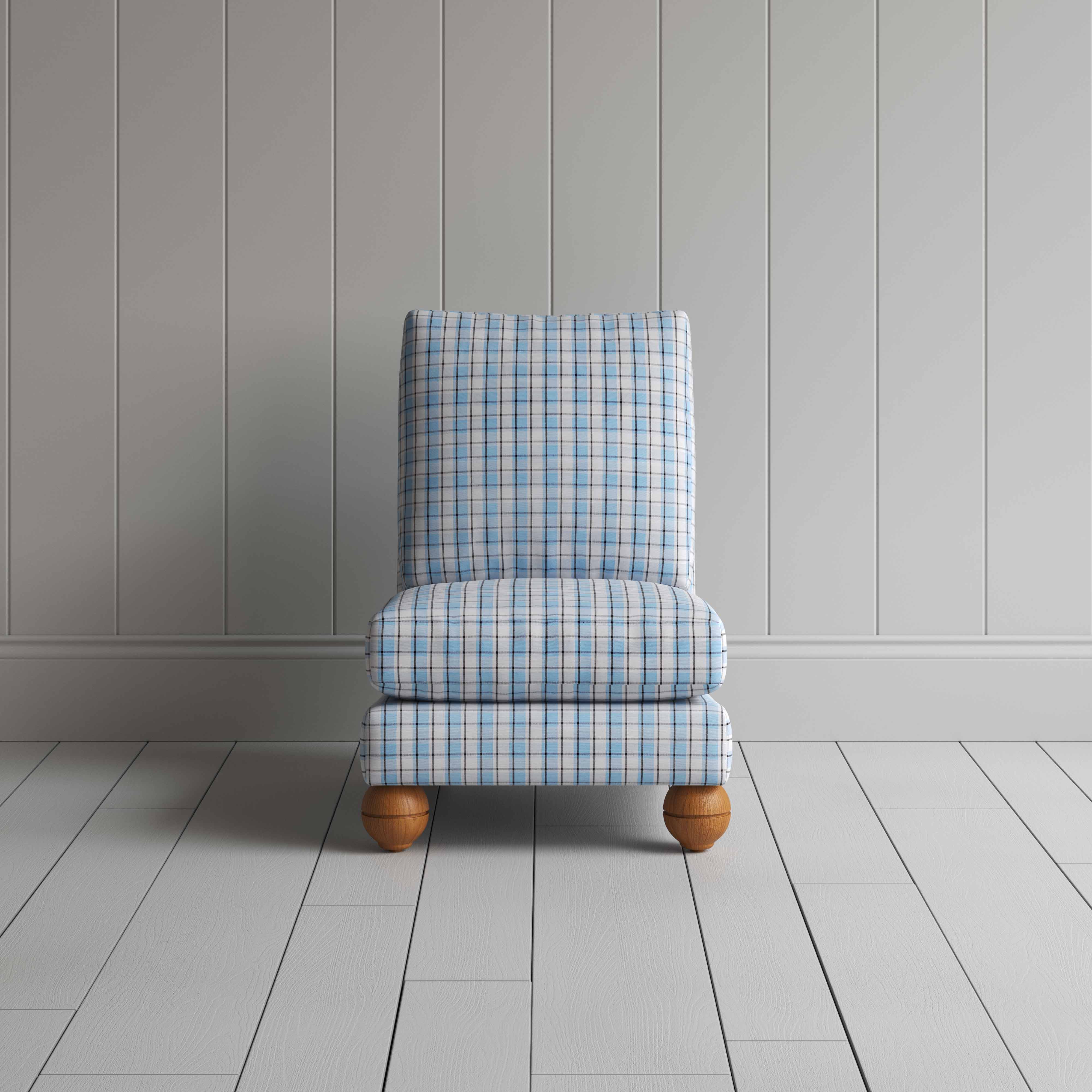  Perch Slipper Armchair in Square Deal Cotton, Blue Brown 
