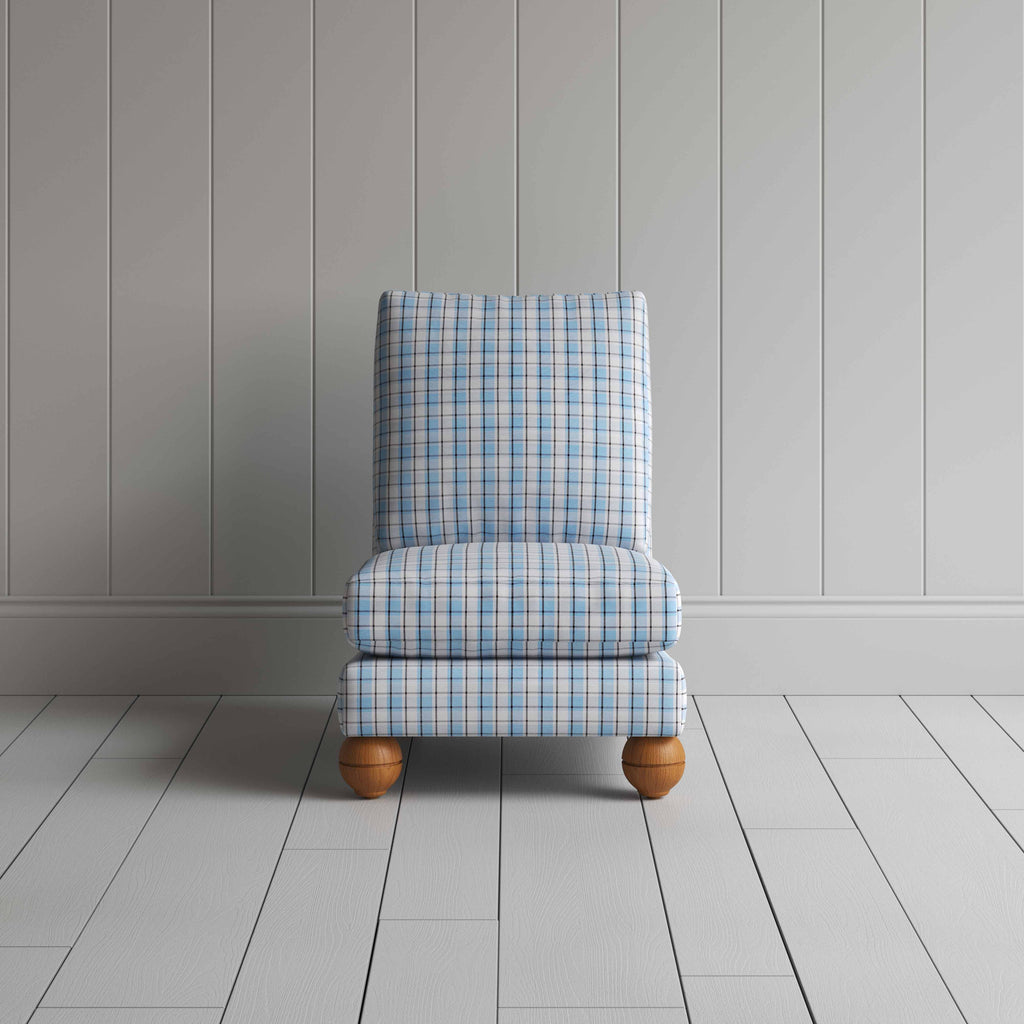 Perch Slipper Armchair in Square Deal Cotton, Blue Brown Front View - NiX