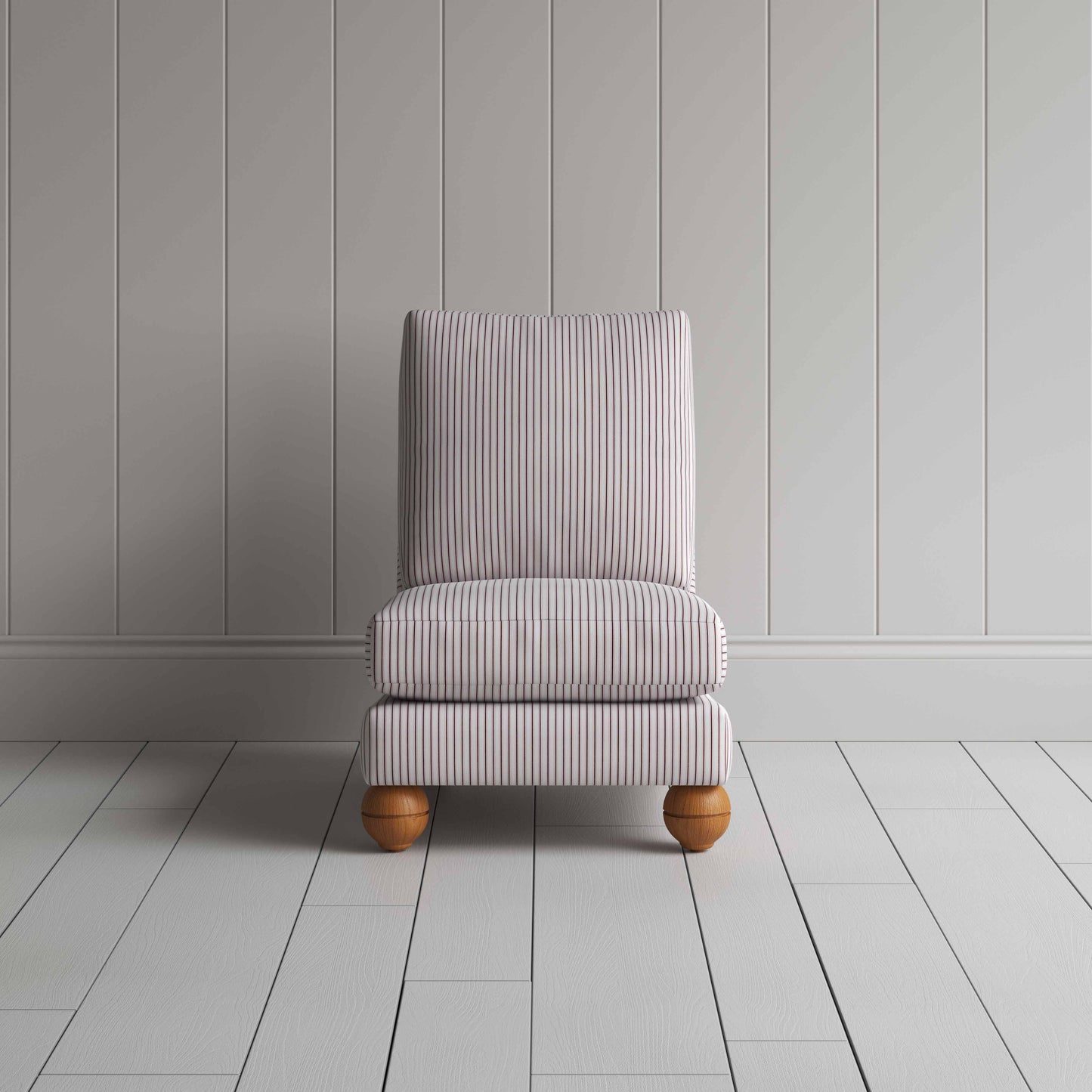 Perch Slipper Armchair in Ticking Cotton, Blue Brown Front View - By NiX