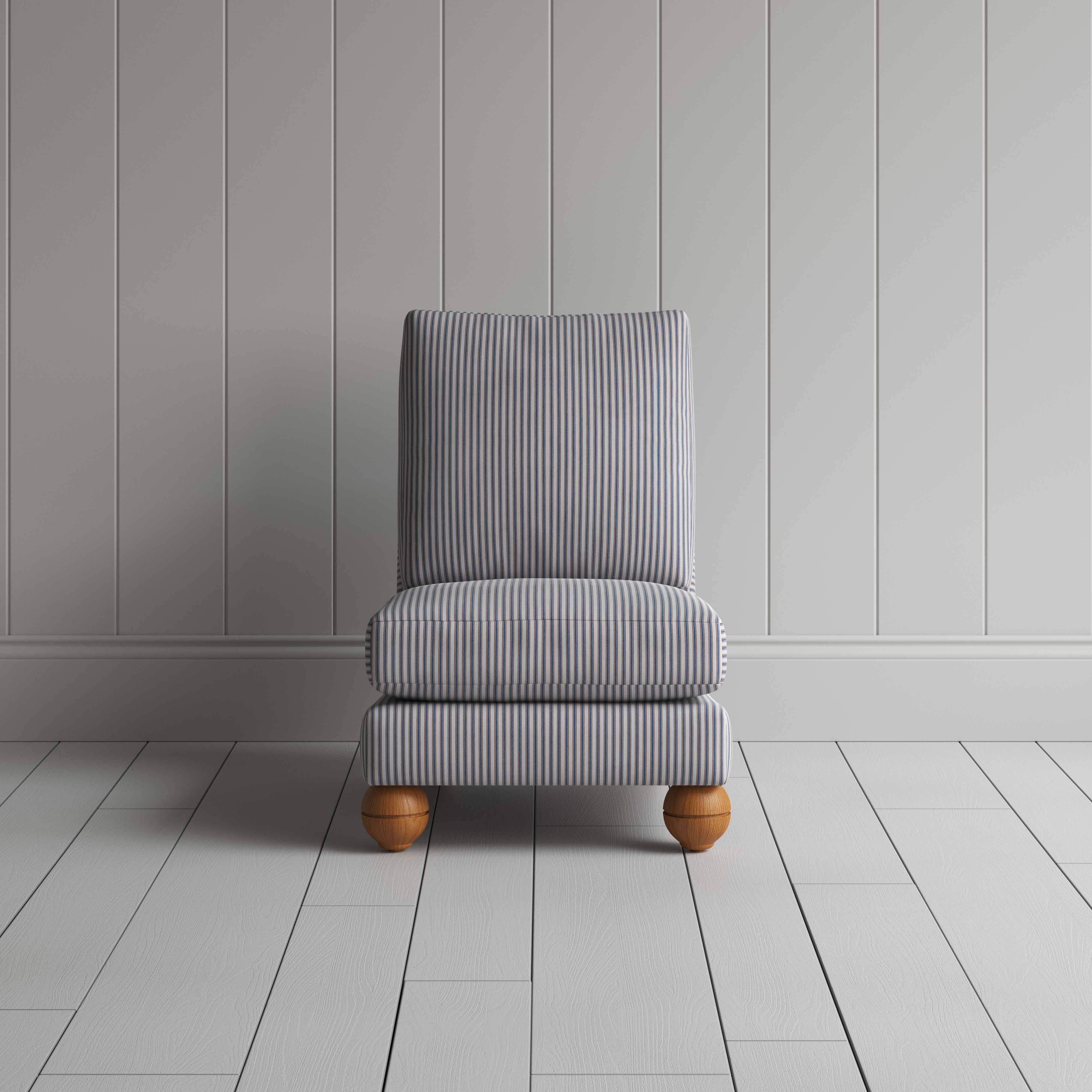 Perch Slipper Armchair in Ticking Cotton, Blue Brown Front View - By NiX