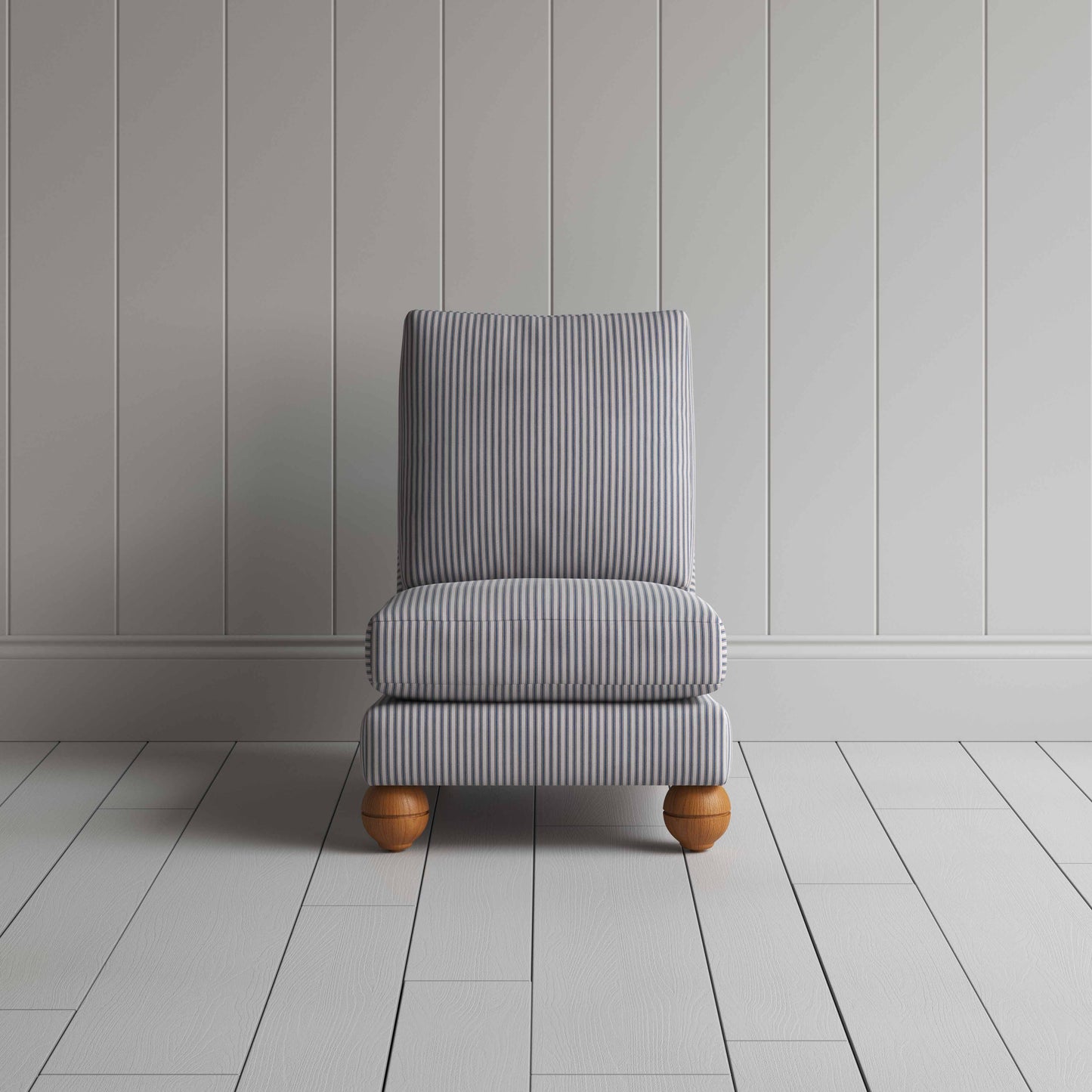 Perch Slipper Armchair in Ticking Cotton, Blue Brown Front View - By NiX