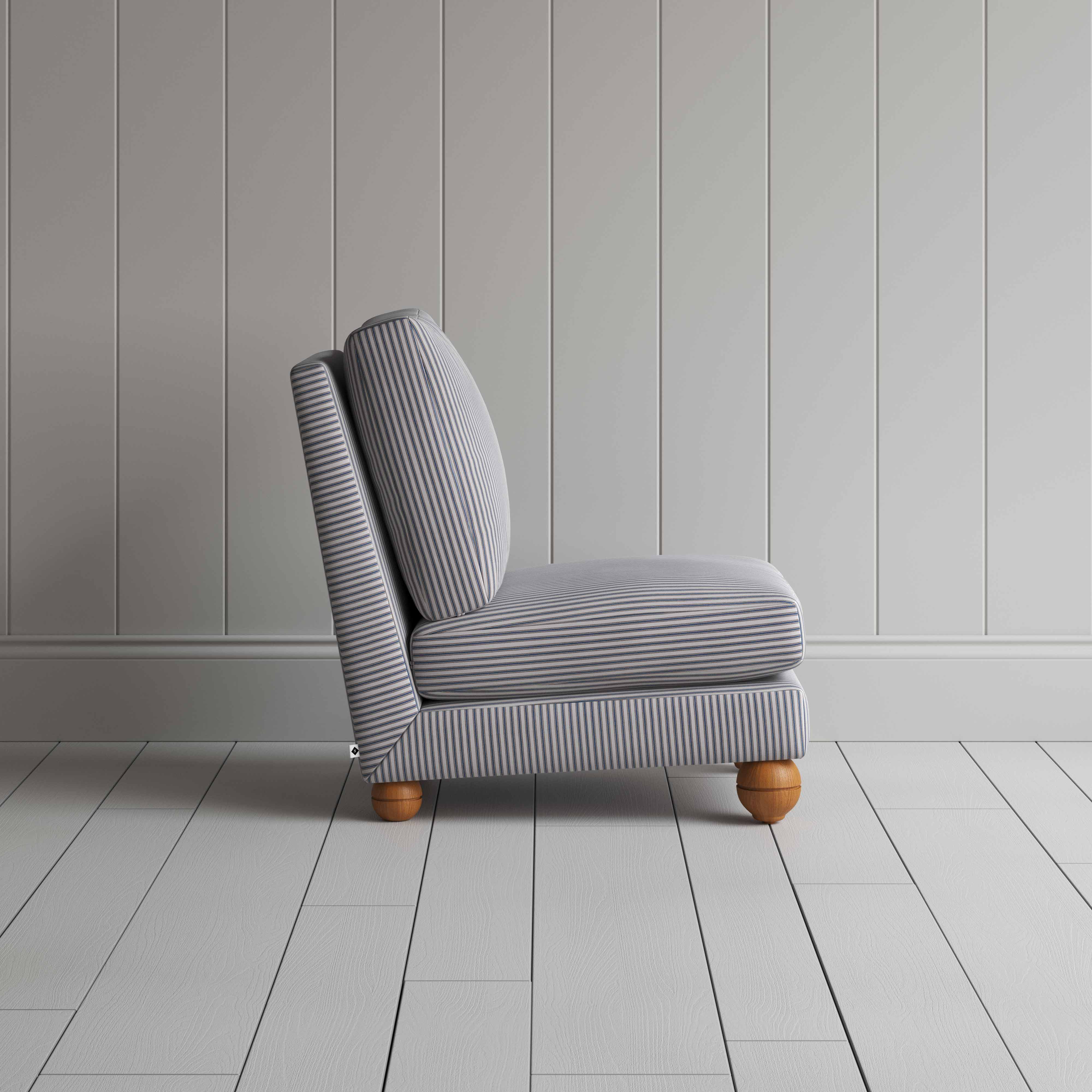 Perch Slipper Armchair in Ticking Cotton, Blue Brown Side View - By NiX