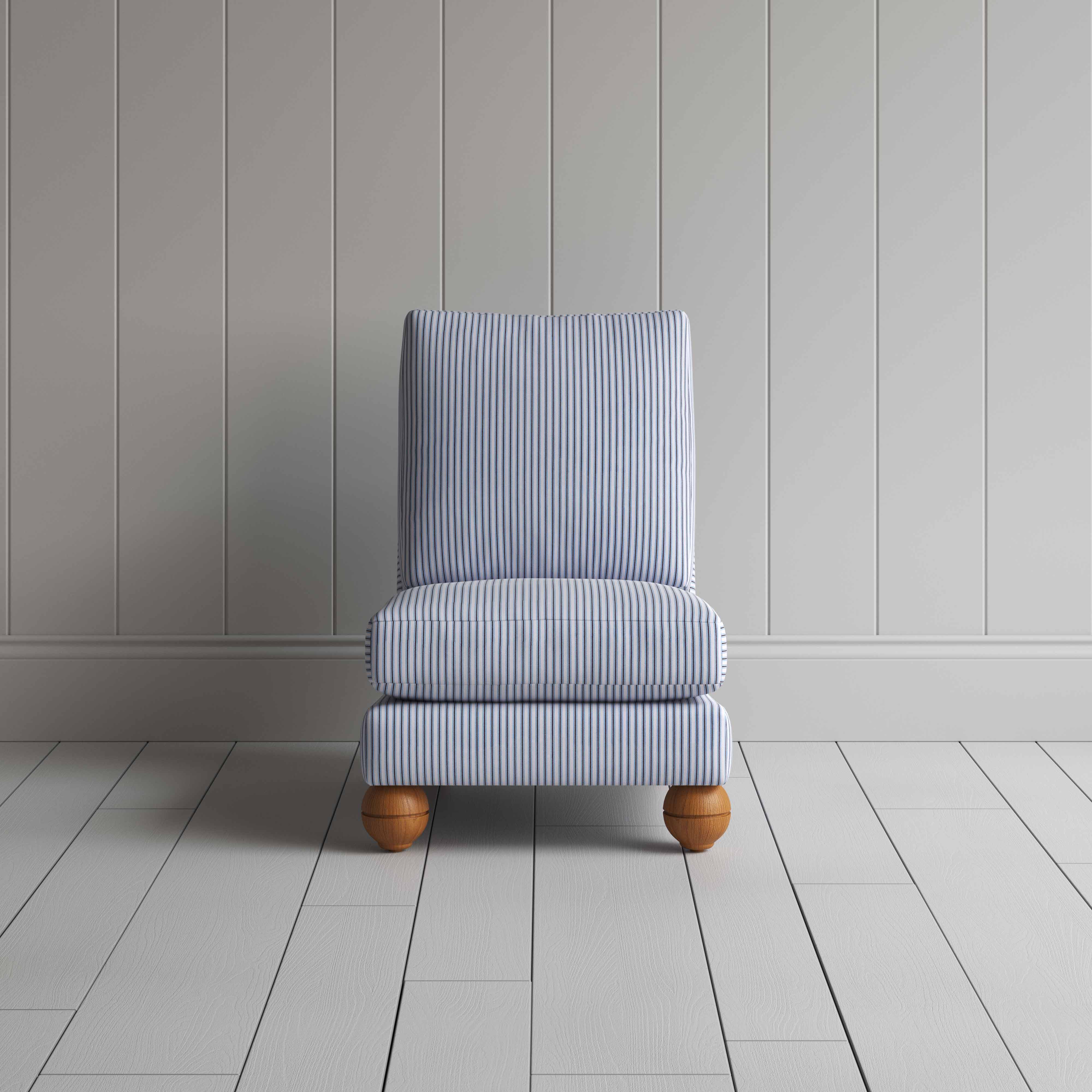 Perch Slipper Armchair in Ticking Cotton, Aqua Brown Front View - By NiX