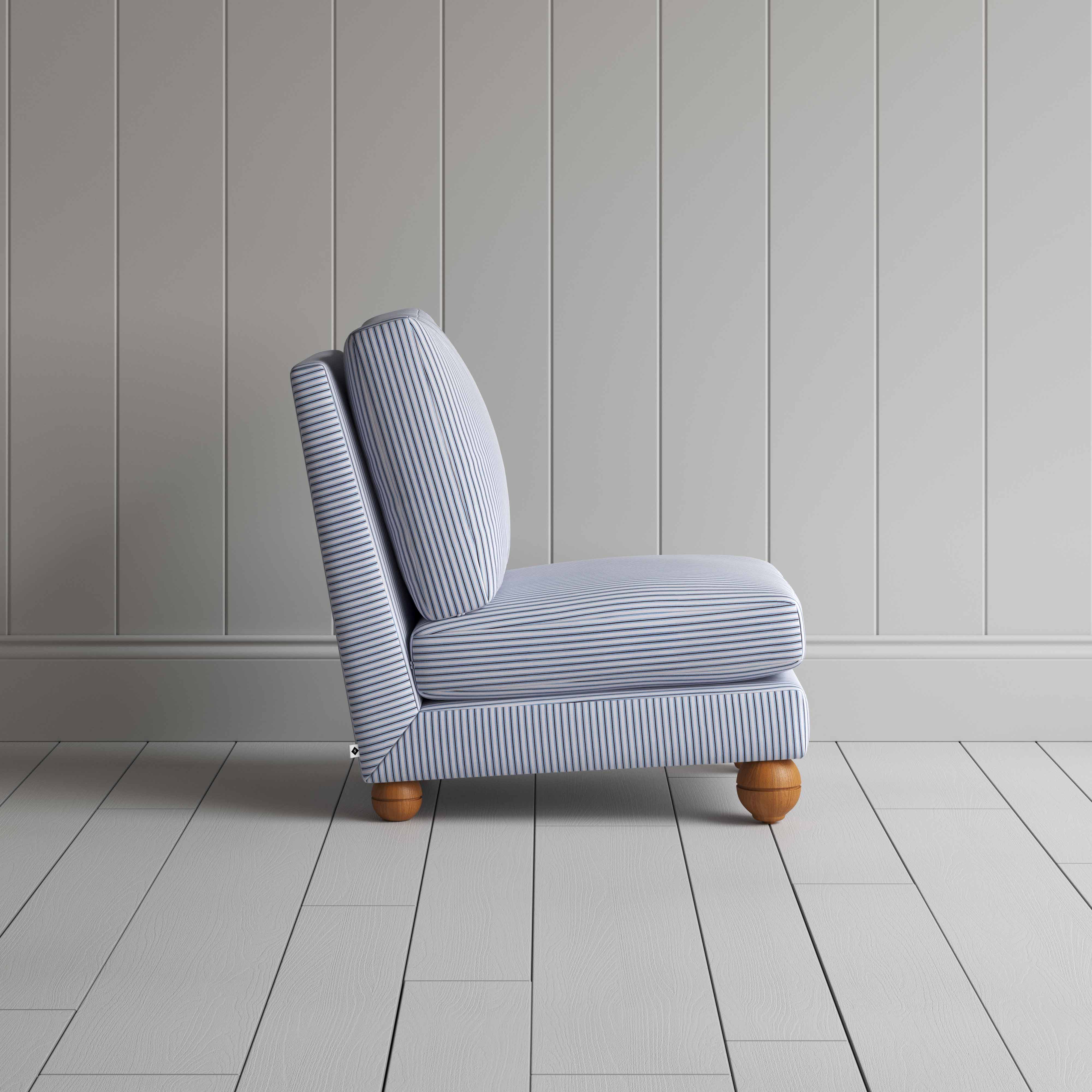 Perch Slipper Armchair in Ticking Cotton, Aqua Brown Side View - By NiX
