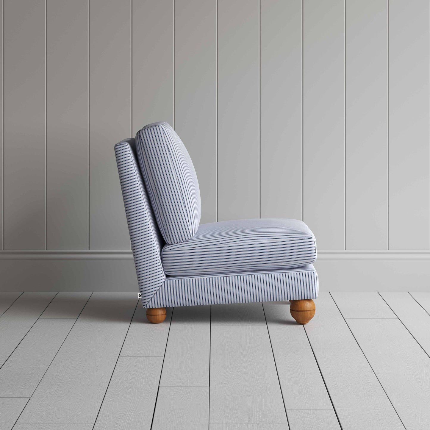 Perch Slipper Armchair in Ticking Cotton, Aqua Brown Side View - By NiX