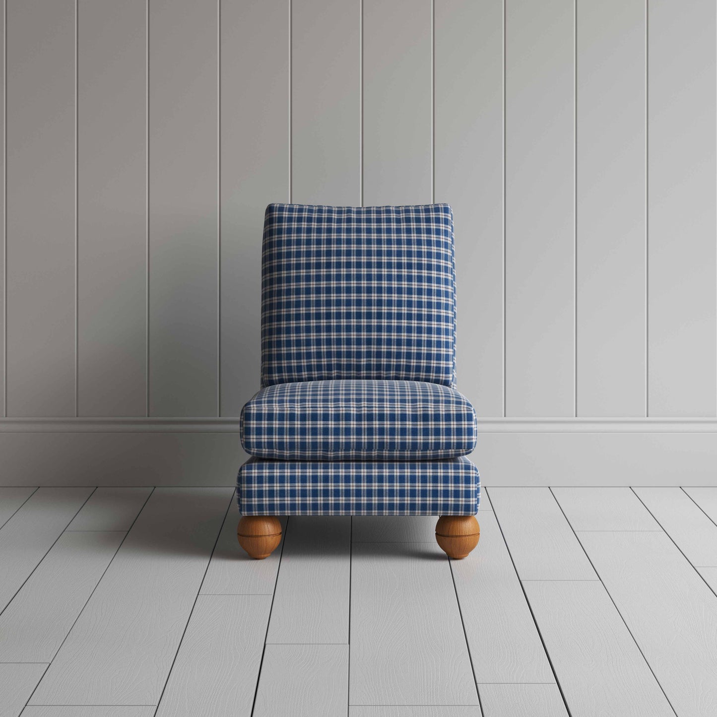 Perch Slipper Armchair in Well Plaid Cotton, Blue Brown, Front View - NiX