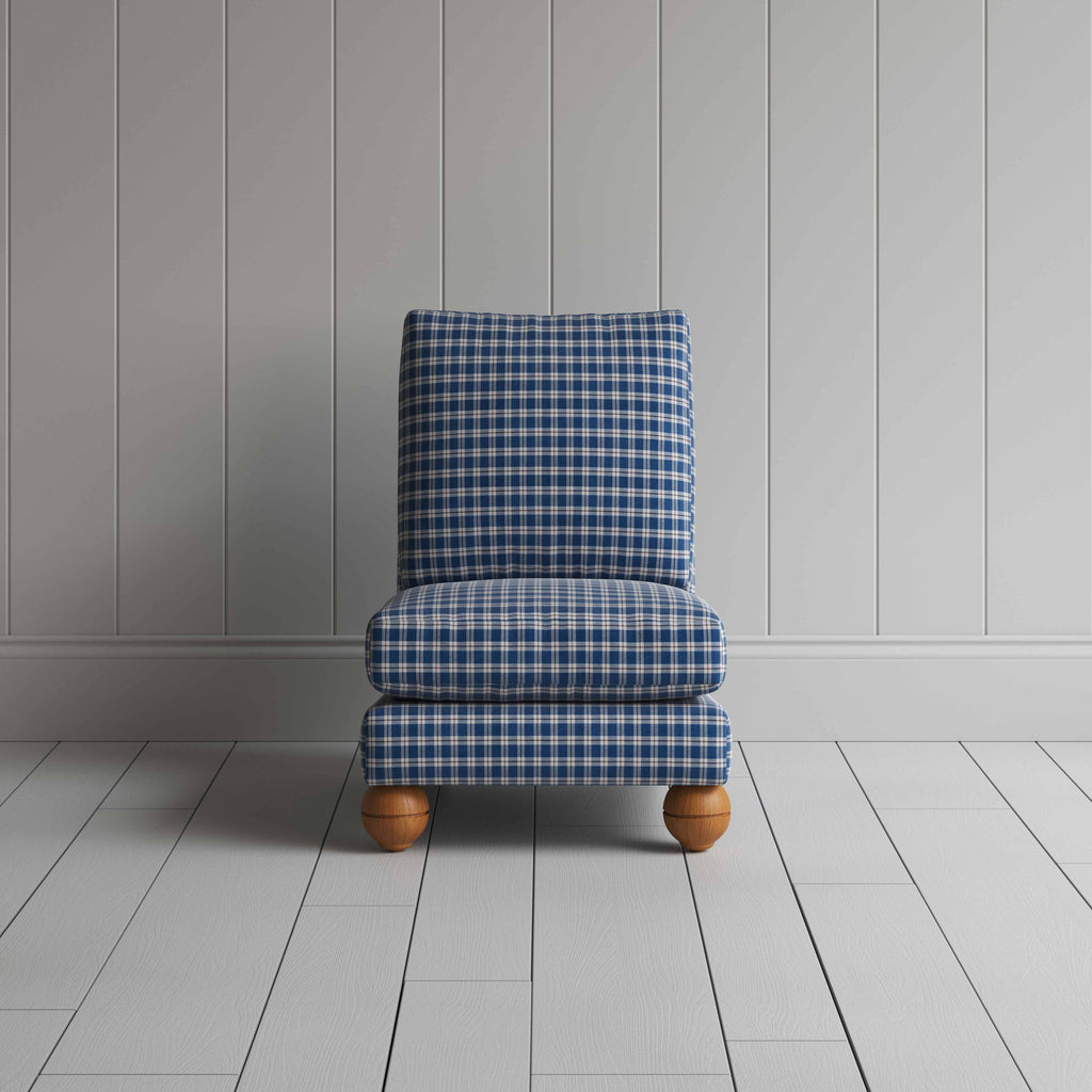 Perch Slipper Armchair in Well Plaid Cotton, Blue Brown, Front View - NiX