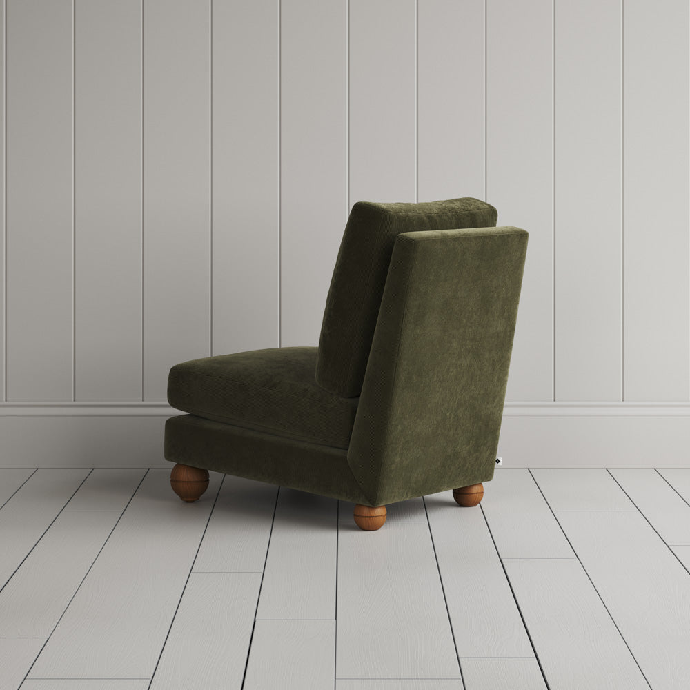 Perch Armchair caper corduroy, rear angled view by Nicola Harding.