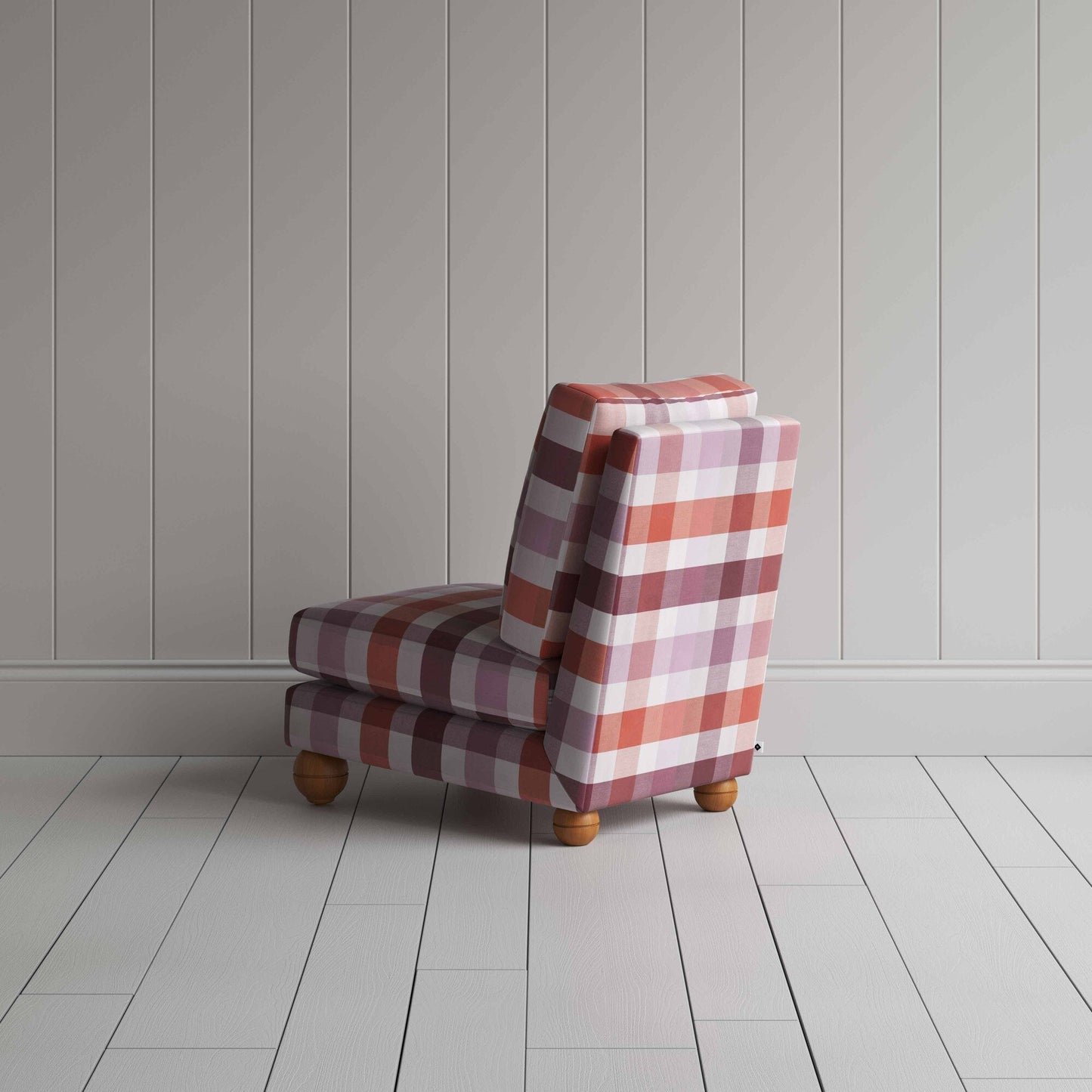Perch Slipper Armchair in Checkmate Cotton, Berry Back-view - By NiX