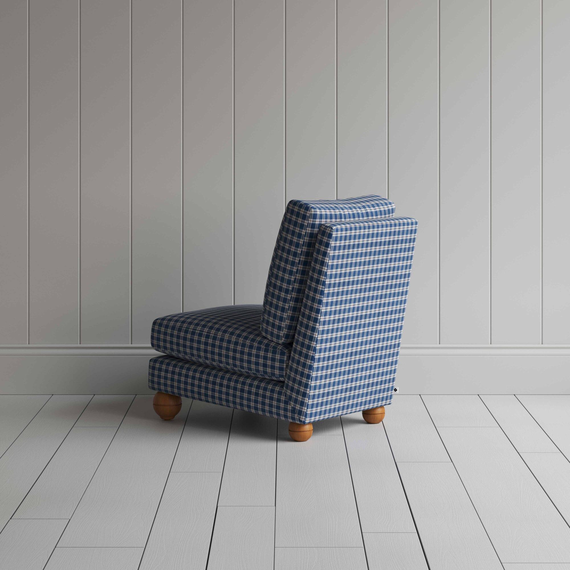 Perch Slipper Armchair in Well Plaid Cotton, Blue Brown, Back View - NiX