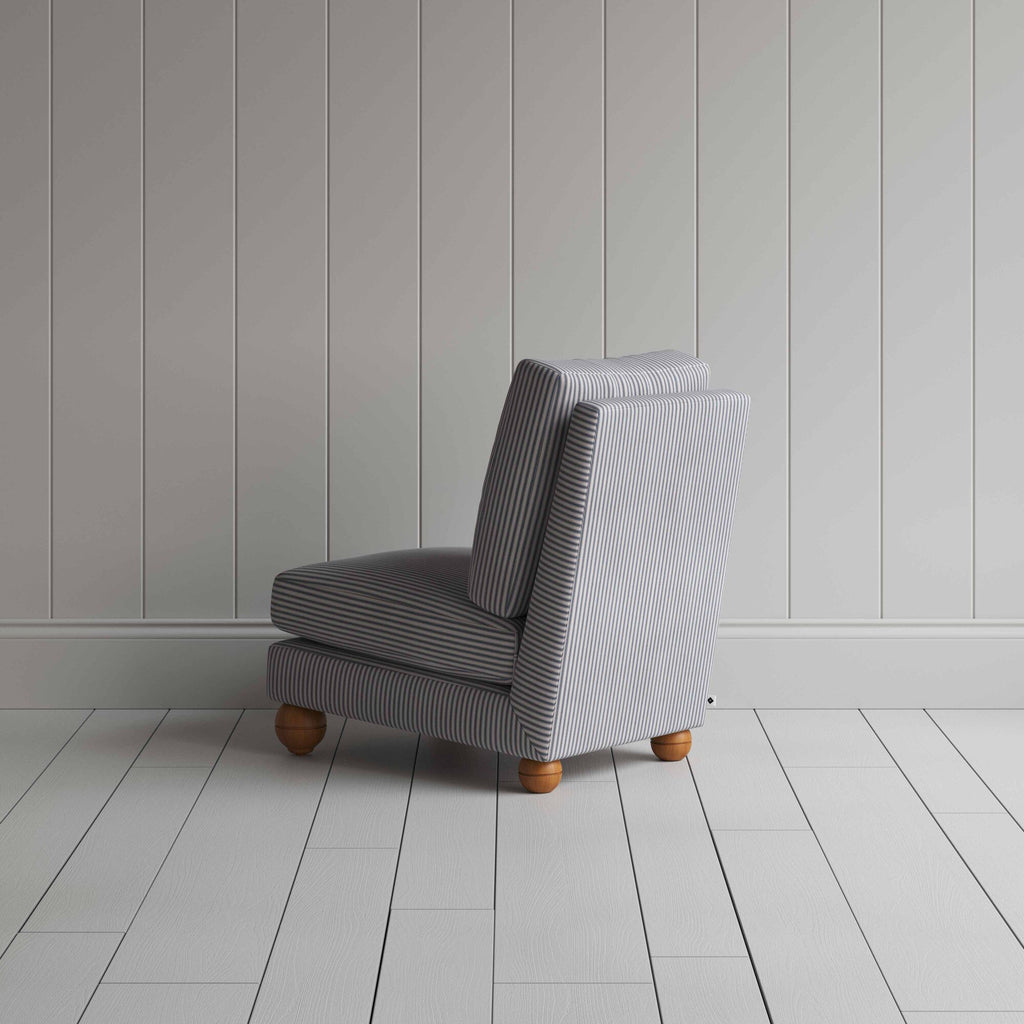 Perch Slipper Armchair in Ticking Cotton, Blue Brown Back View - By NiX