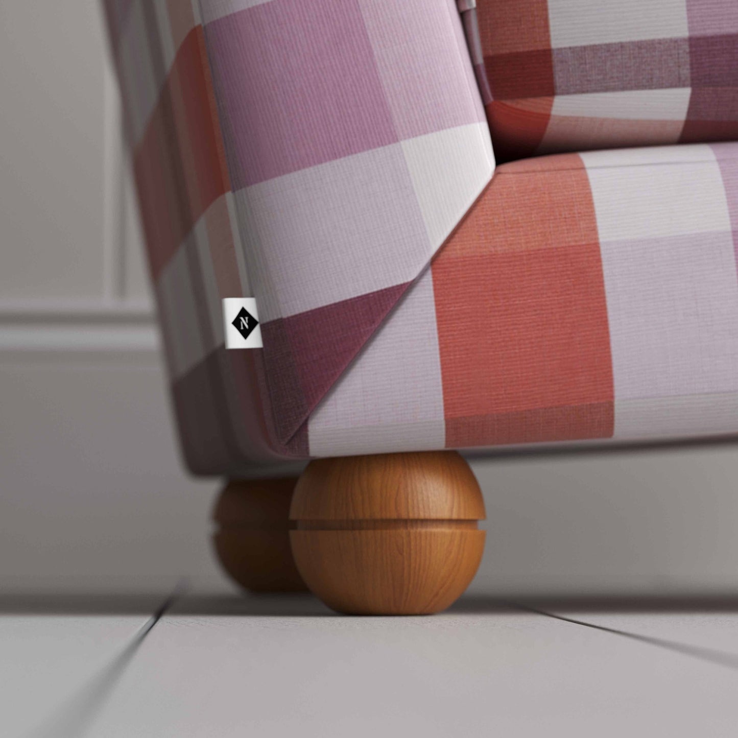 Perch Slipper Armchair in Checkmate Cotton, Berry Round Foot With NiX tag - By NiX