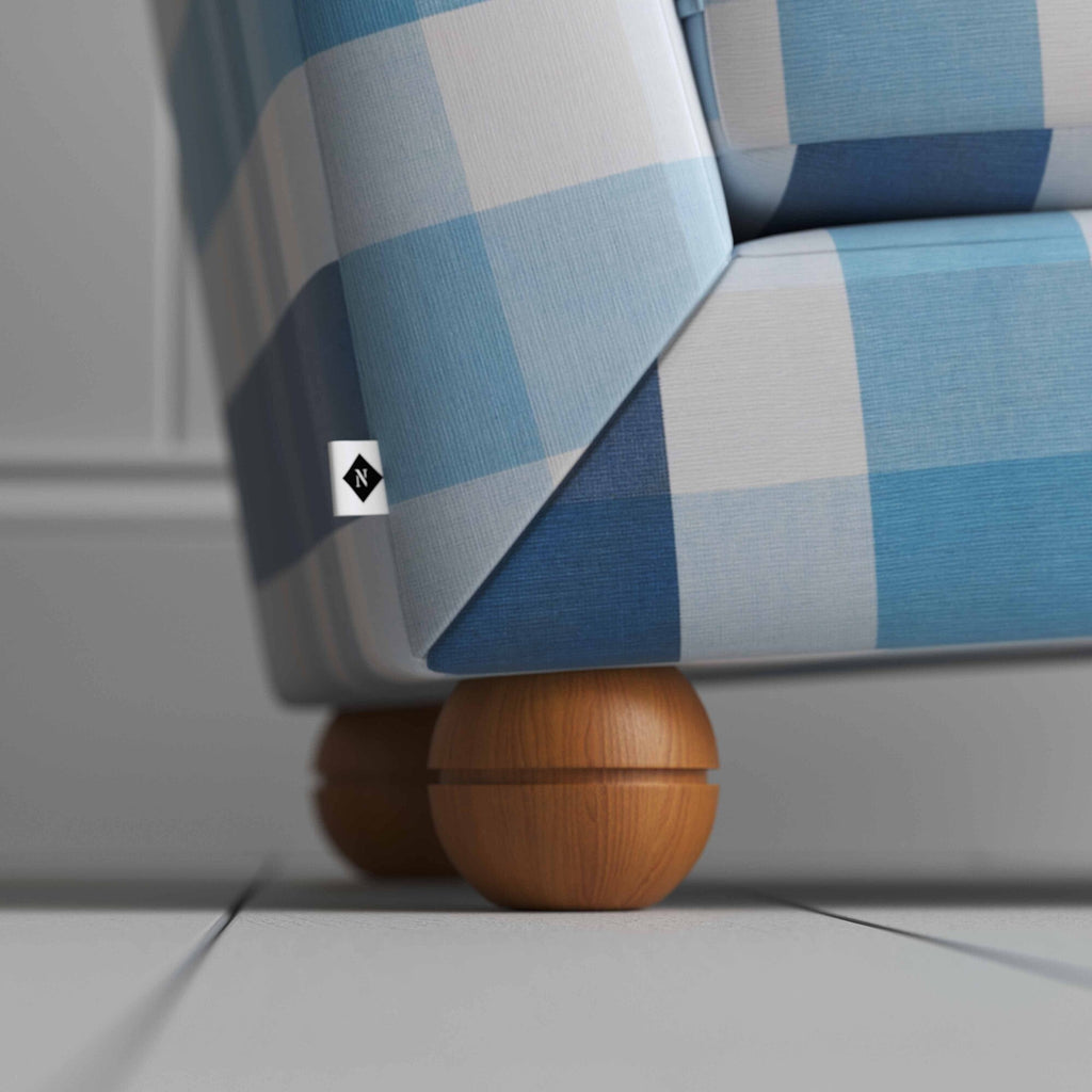 Perch Slipper Armchair in Checkmate Cotton, Blue Round Foot With NiX Tag - By NiX