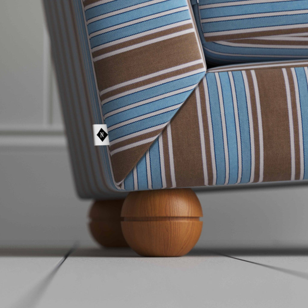 Perch Slipper Armchair in Regatta Cotton, Blue, Back Side Round Wooden Foot Closeup With NiX Special Tag.