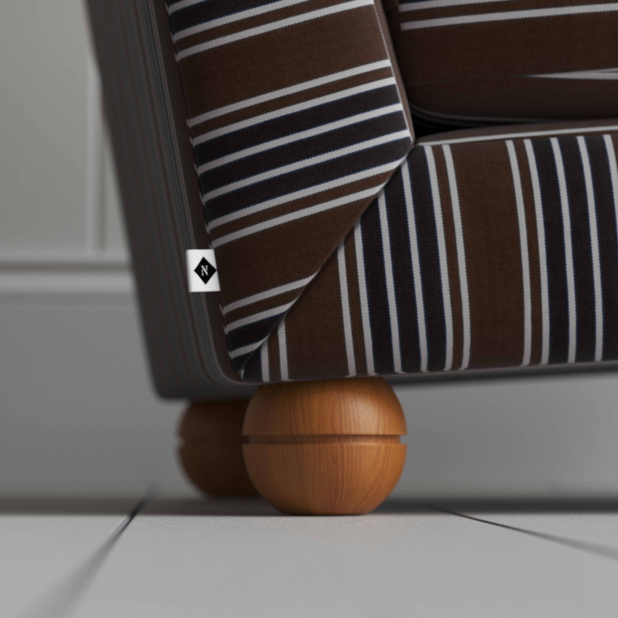 Perch Slipper Armchair in Regatta Cotton, Charcoal, Back Sided Round Wooden Foot Closeup With NiX Special tag