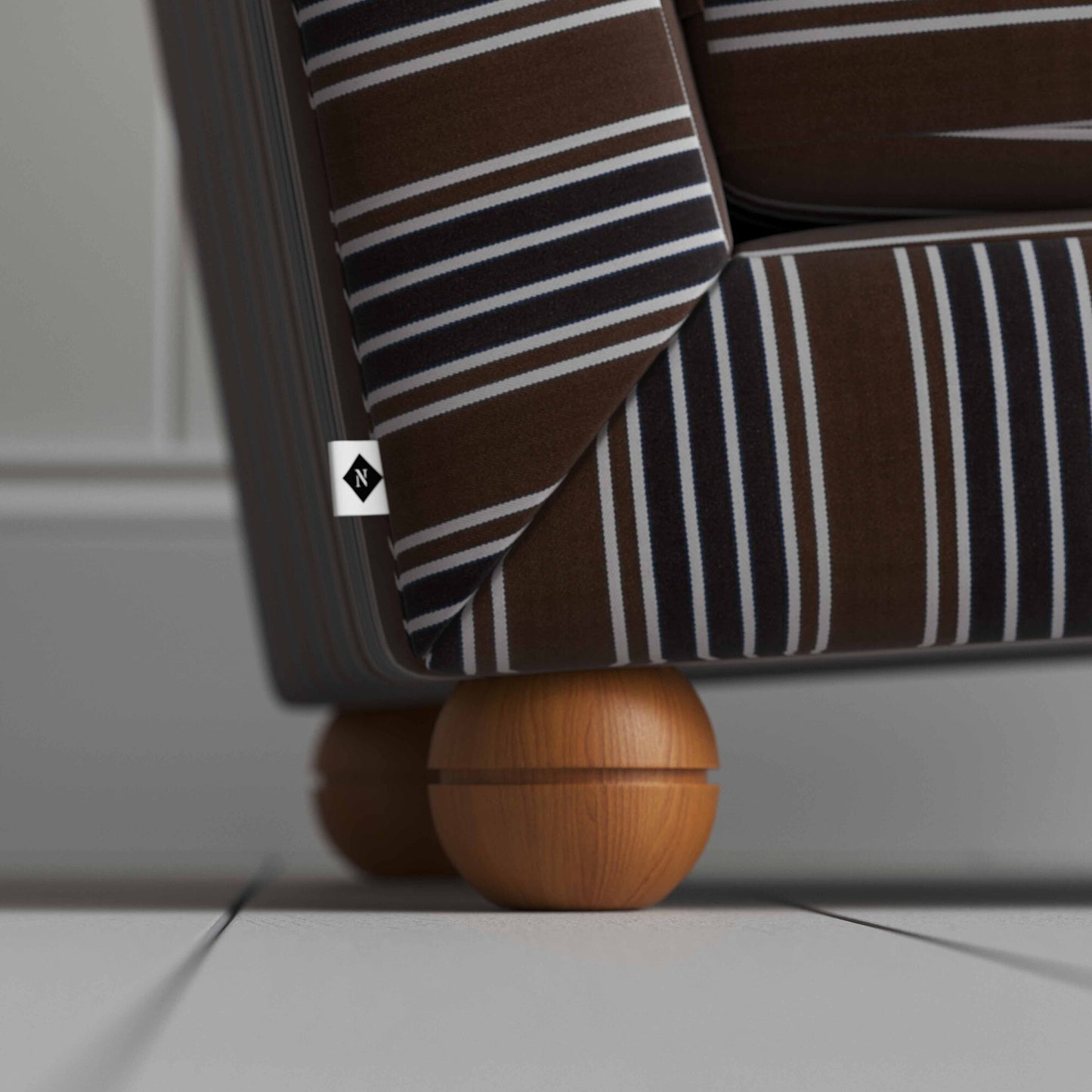 Perch Slipper Armchair in Regatta Cotton, Charcoal, Back Sided Round Wooden Foot Closeup With NiX Special tag