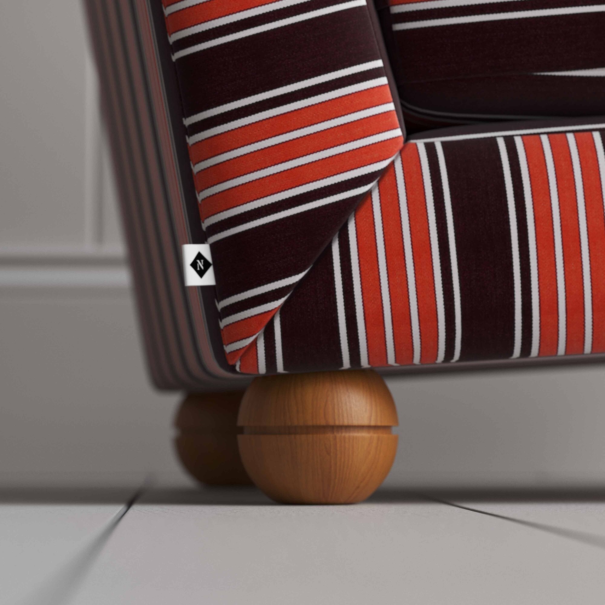 Perch Slipper Armchair in Regatta Cotton, Flame. Back Round Wooden Foot Closeup With NiX Special Tag