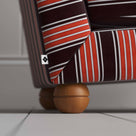 Perch Slipper Armchair in Regatta Cotton, Flame. Back Round Wooden Foot Closeup With NiX Special Tag