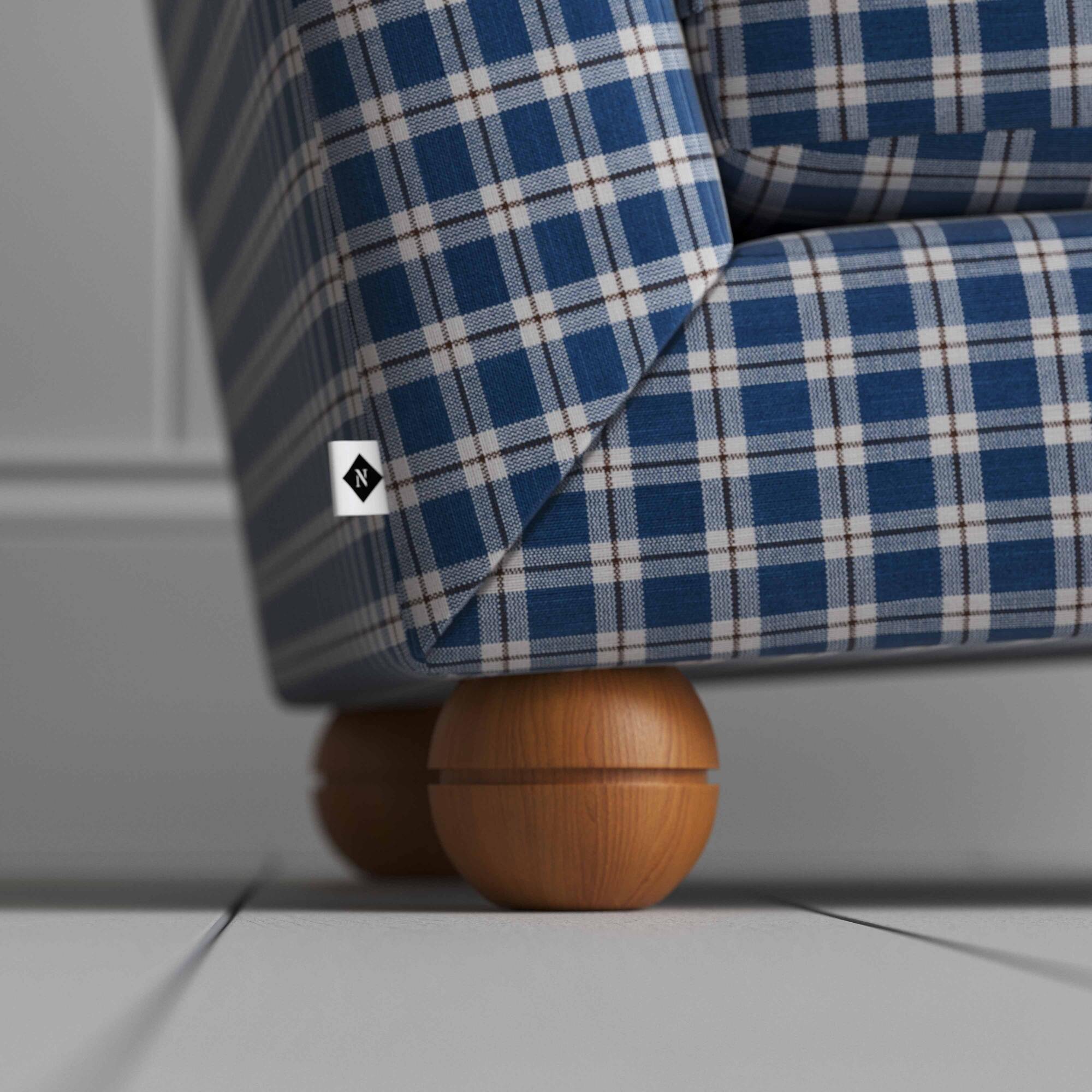 Perch Slipper Armchair in Well Plaid Cotton, Blue Brown, Back Round Wooden Foot with NiX Special Tag