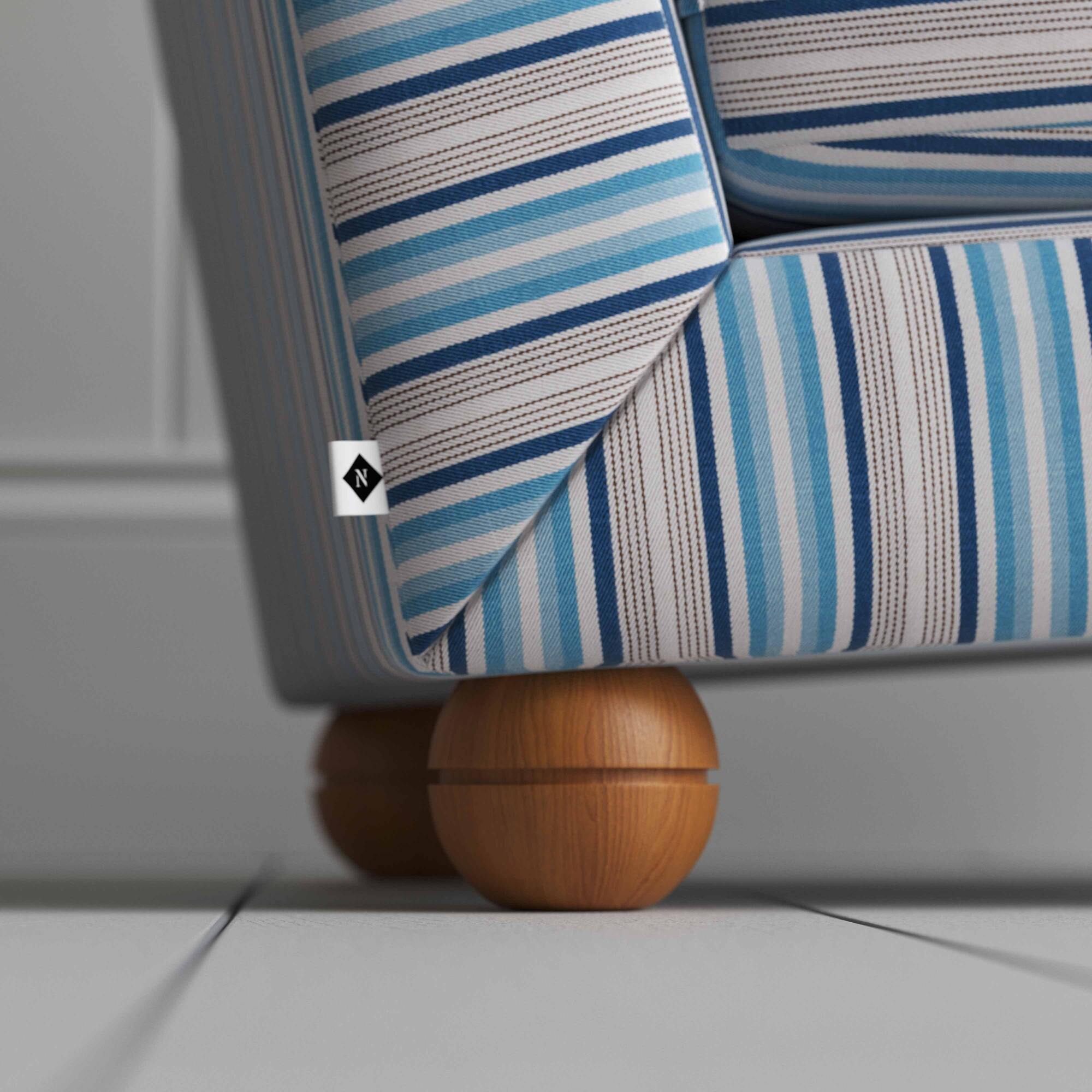 Perch Slipper Armchair in Slow Lane Cotton Linen, Blue. Back Round Wooden Foot Closeup With Special NiX Tag