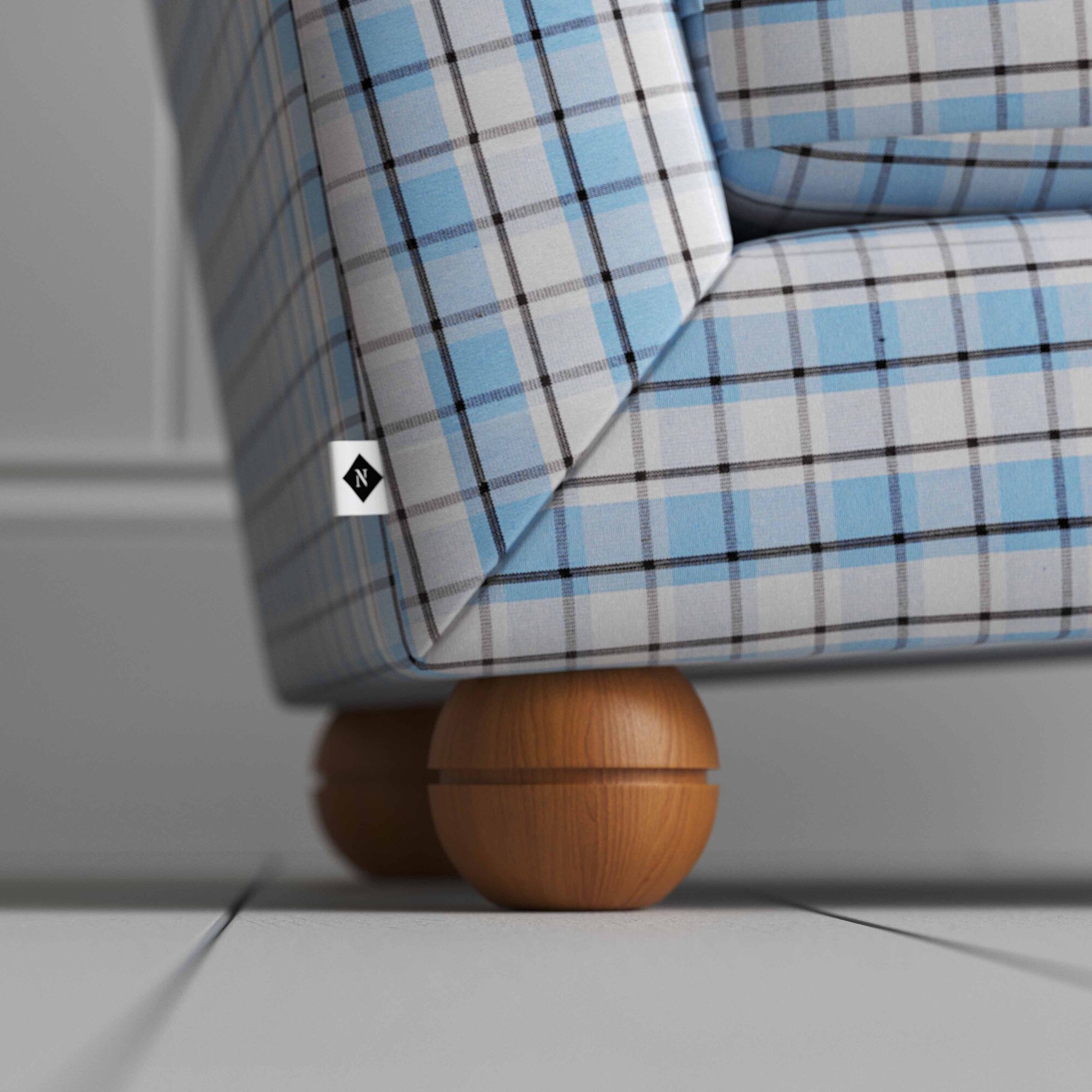 Perch Slipper Armchair in Square Deal Cotton, Blue Brown. Back Round Wooden Foots With a NiX Special tag