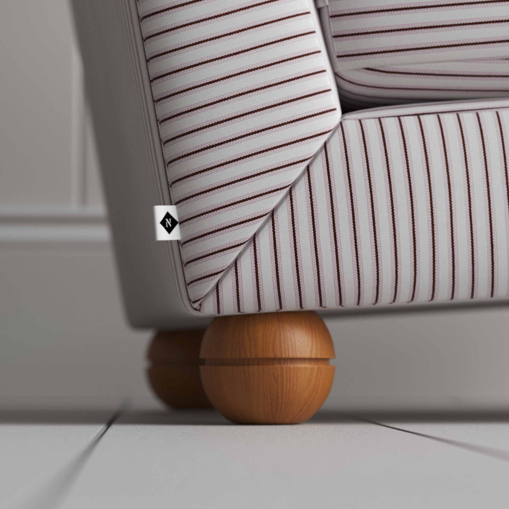 Perch Slipper Armchair in Ticking Cotton, Blue Browns Round Wooden Foot With NiX Special tag - By NiX