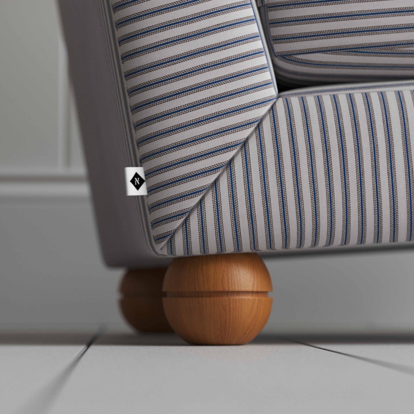 Perch Slipper Armchair in Ticking Cotton, Blue Browns  Round Wooden Foot With NiX Tag - By NiX