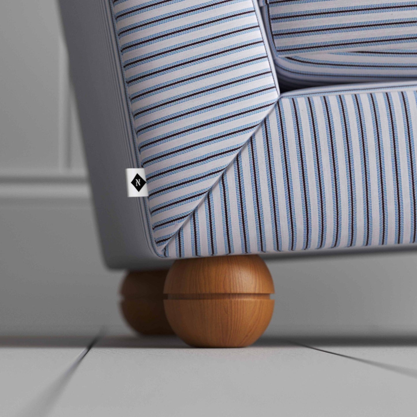 Perch Slipper Armchair in Ticking Cotton, Aqua Browns Round Wooden Foot With NiX Special Tag - By NiX