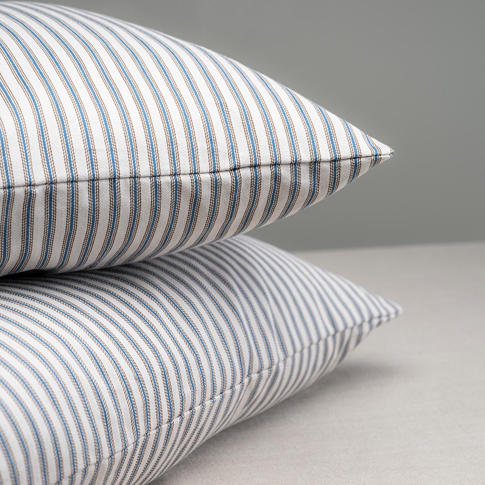 Rectangle Lollop Cushion in Ticking Cotton, Blue Brown