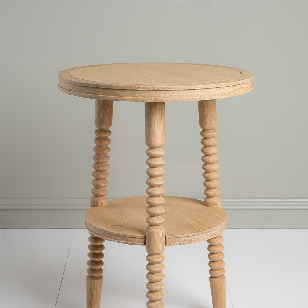 Design Closeup of Spindle Side Table, Oiled Oak