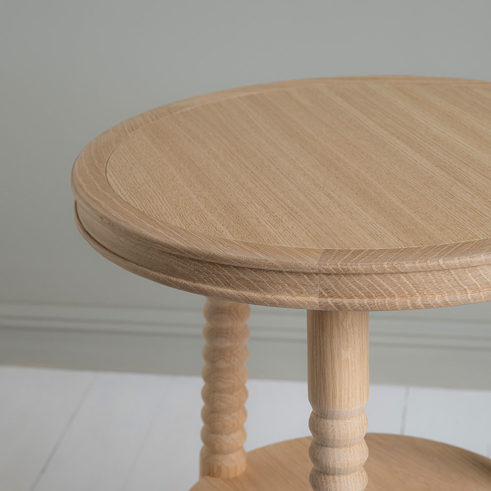 Shelf Design Closeup of Spindle Side Table, Oiled Oak