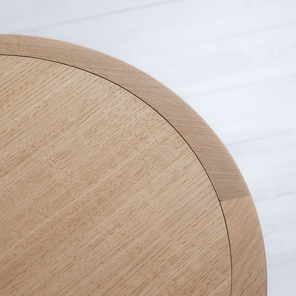 Round Edge Closeup of Spindle Side Table, Oiled Oak - Nicola Harding & Co.