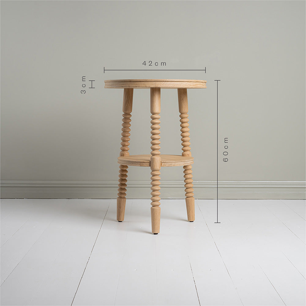 Dimensions of Spindle Side Table, Oiled Oak Height 60cm, Width 42cm, and Shelf Thickness is 3cm - NiX Studio