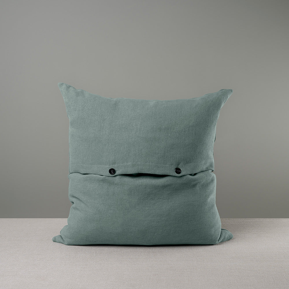 Back View of Square Kip Cushion in Laidback Linen, Mineral With 2 Black Button